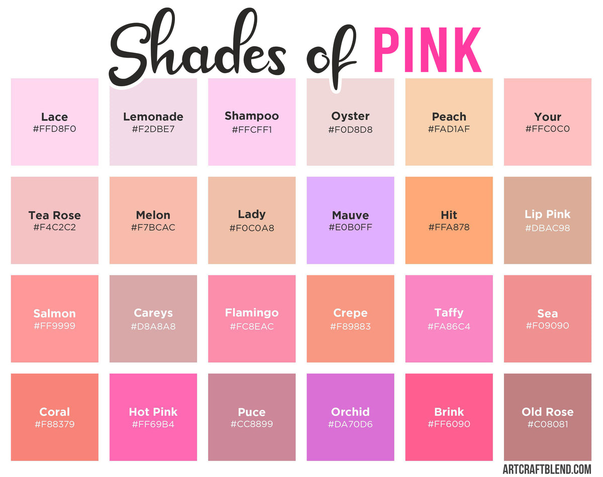 165 Shades of Pink Color Names Hex RGB CMYK Codes