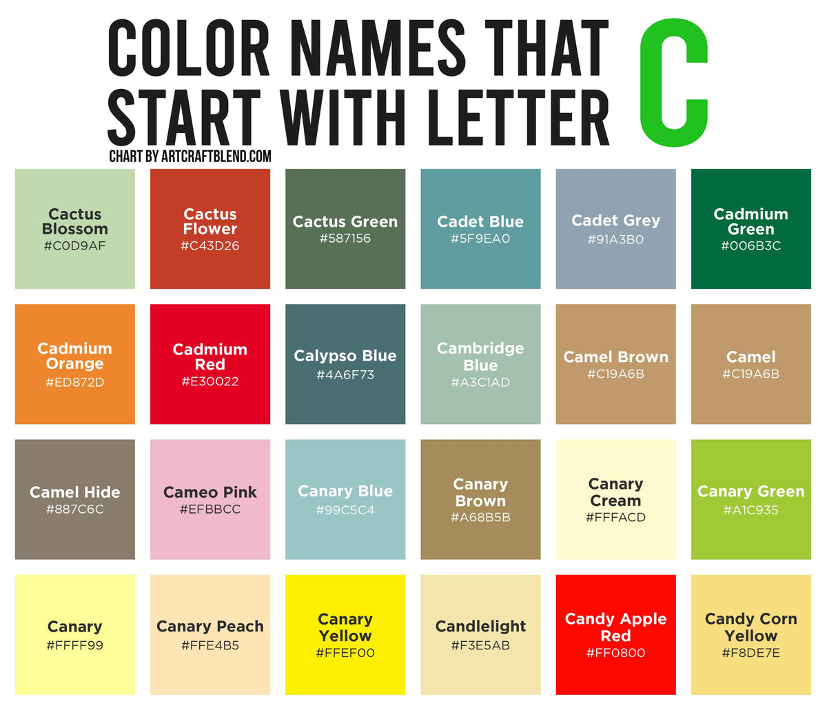 220 Colors That Start With C: Color Names, Hex, RGB, CMYK Codes