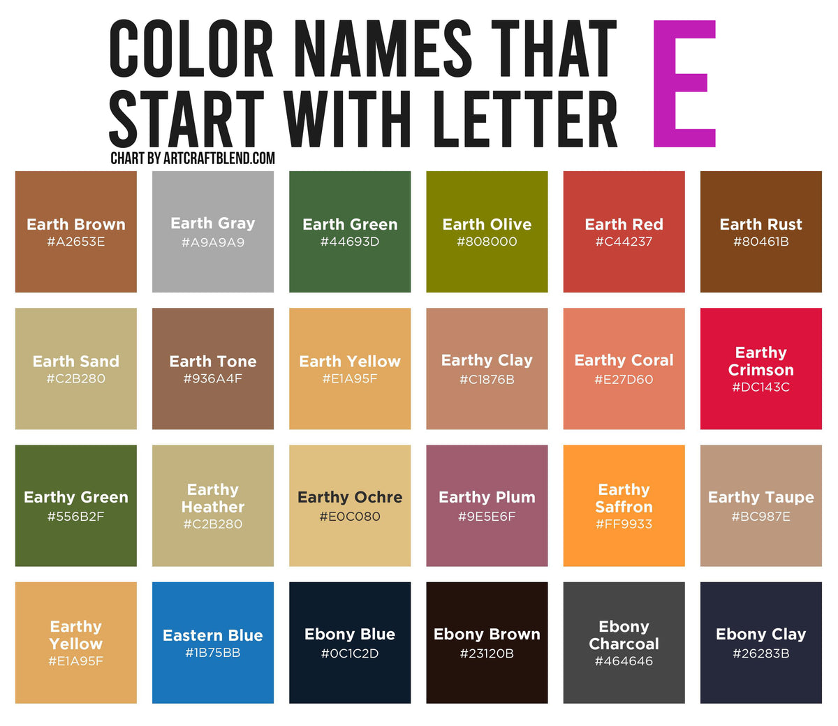 200 Colors That Start With E: Color Names, Hex, RGB, CMYK Codes