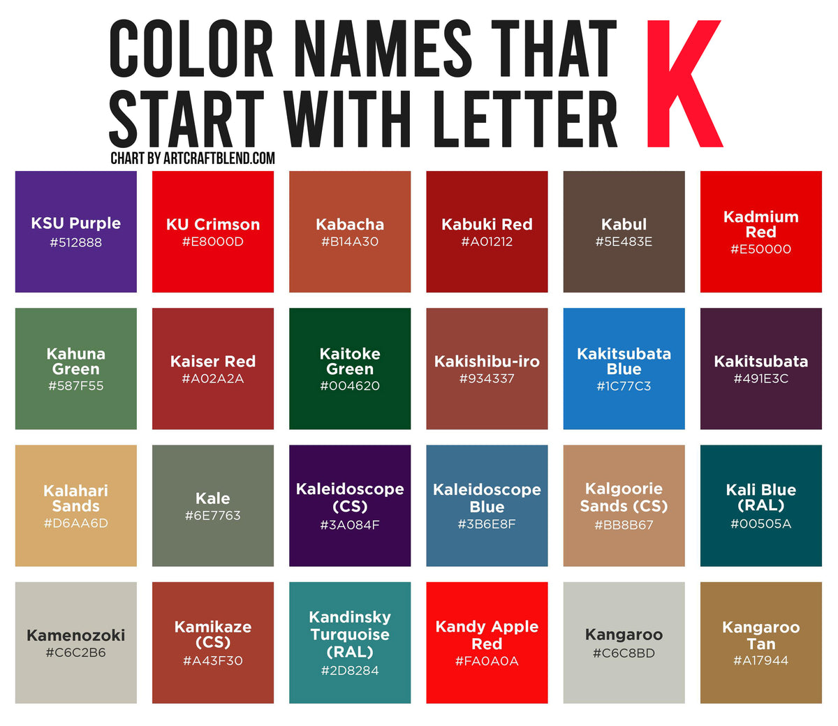 180 Colors That Start With K: Color Names, Hex, RGB, CMYK Codes