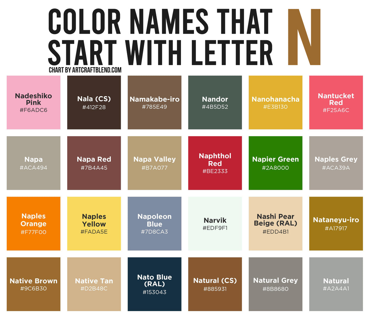 Common N Color 190 Colors That Start With N: Color Names, Hex, RGB, CMYK Codes