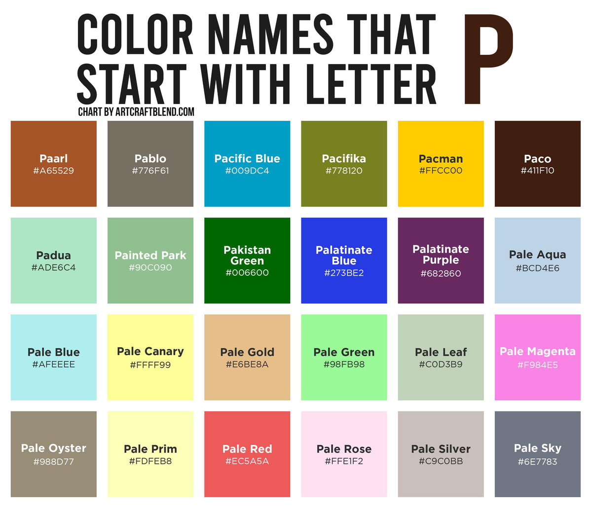180 Colors That Start With P: Color Names, Hex, RGB, CMYK Codes