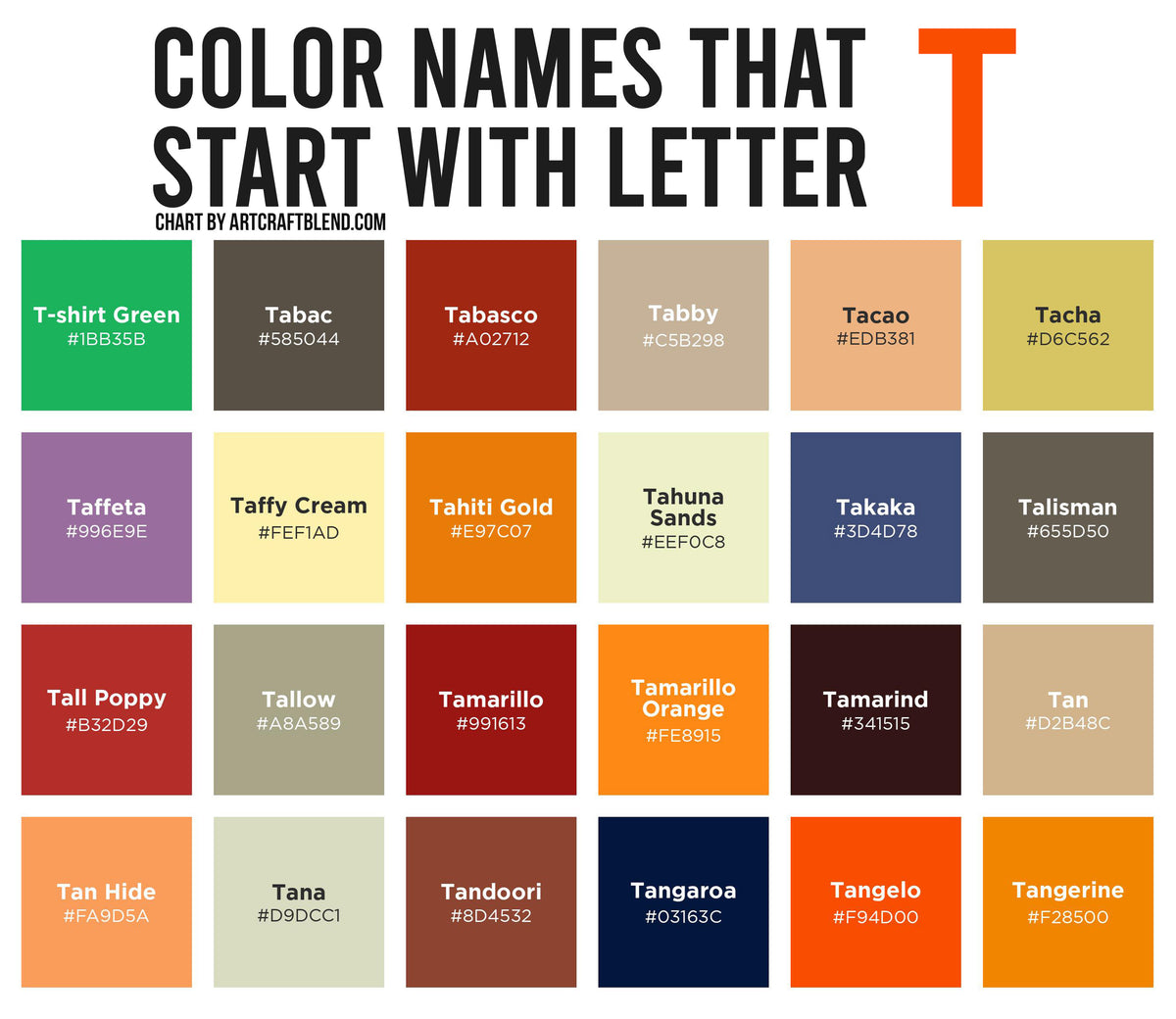 195 Colors That Start With T: Color Names, Hex, RGB, CMYK Codes