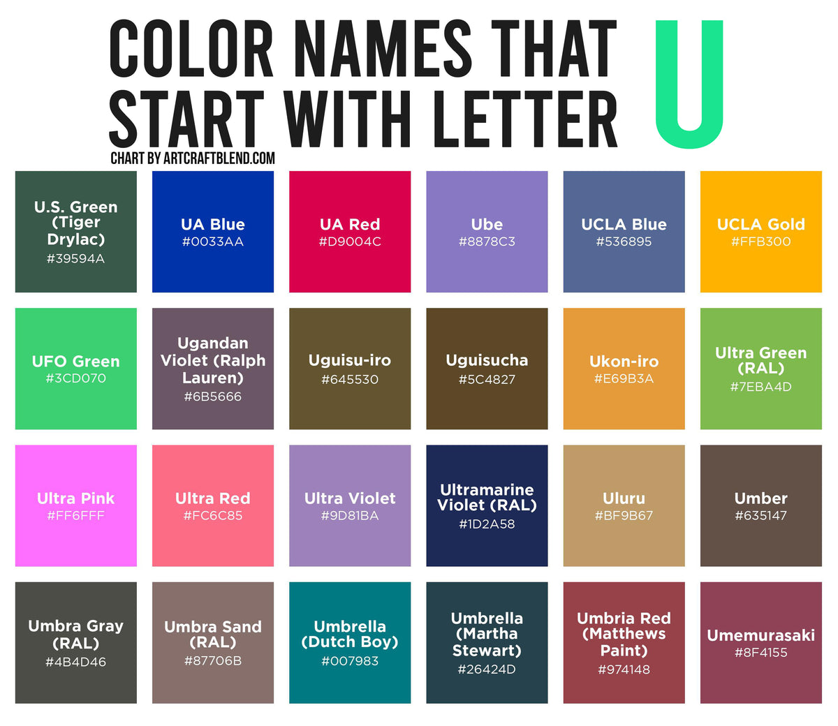 140 Colors That Start With U: Color Names, Hex, RGB, CMYK Codes