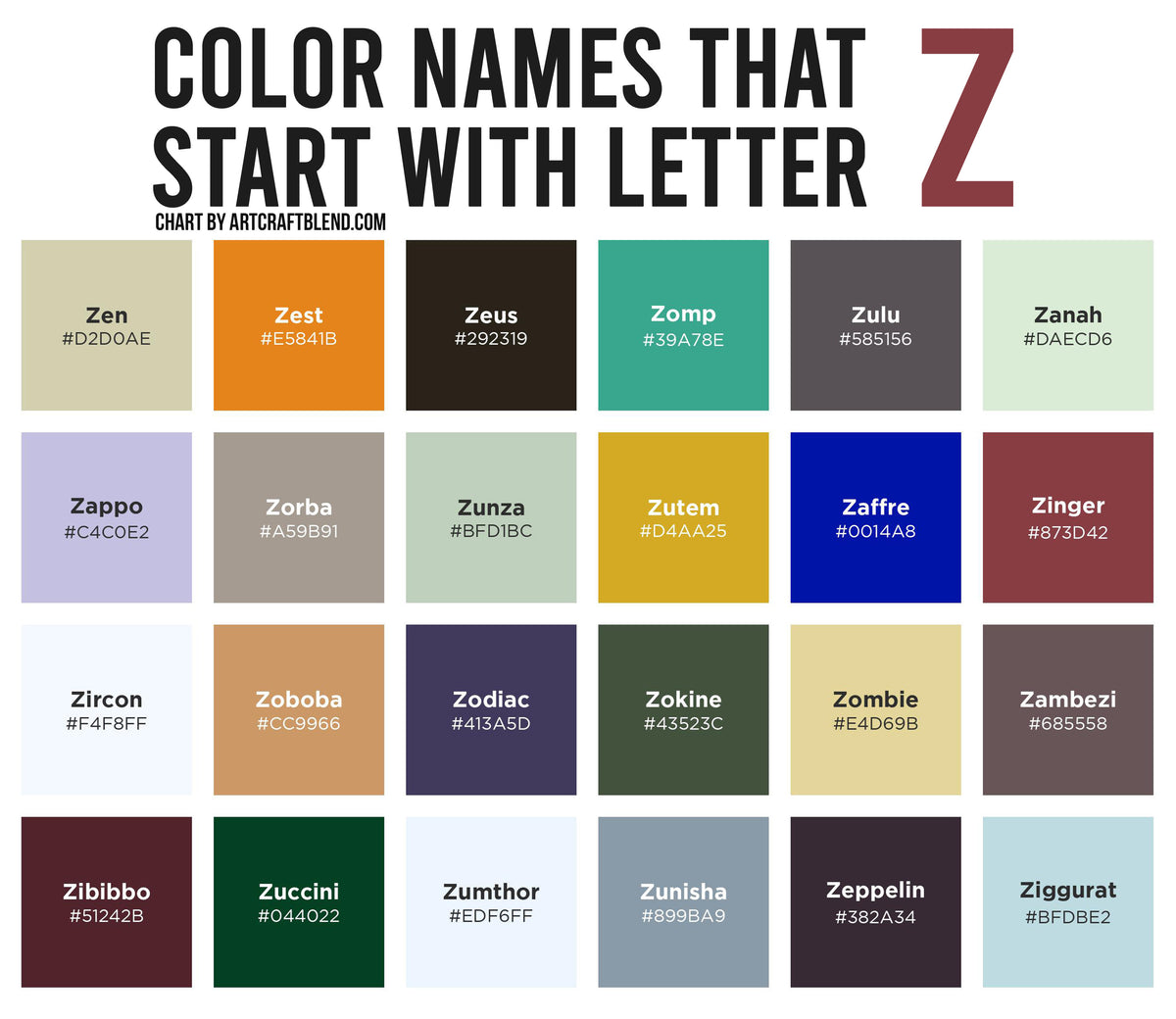 140 Colors That Start With Z: Color Names, Hex, RGB, CMYK Codes