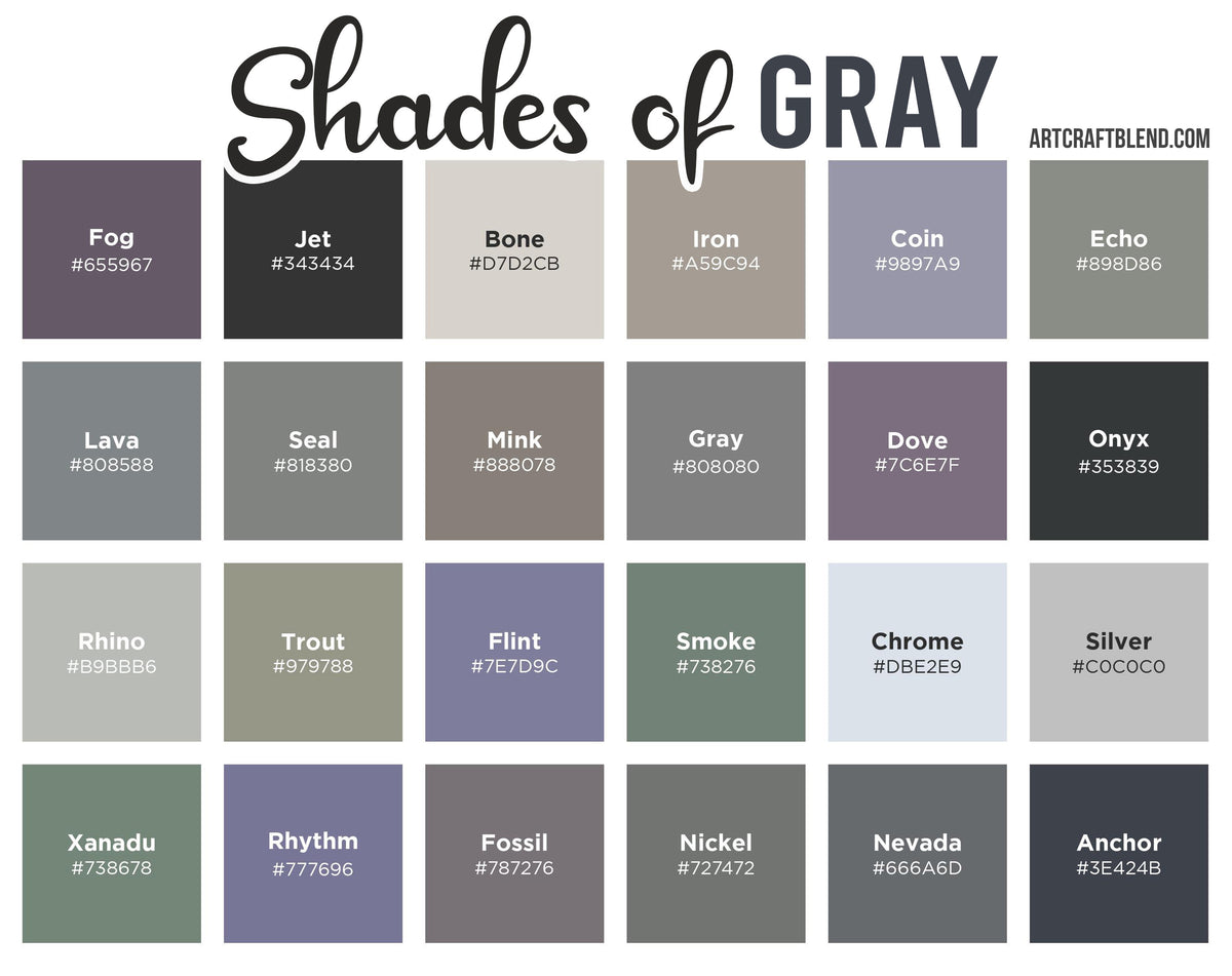180 Shades of Gray: Color Names, Hex, RGB, CMYK Codes