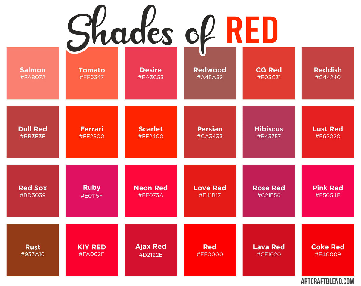 160 Shades of Red: Color Names, Hex, RGB, CMYK Codes