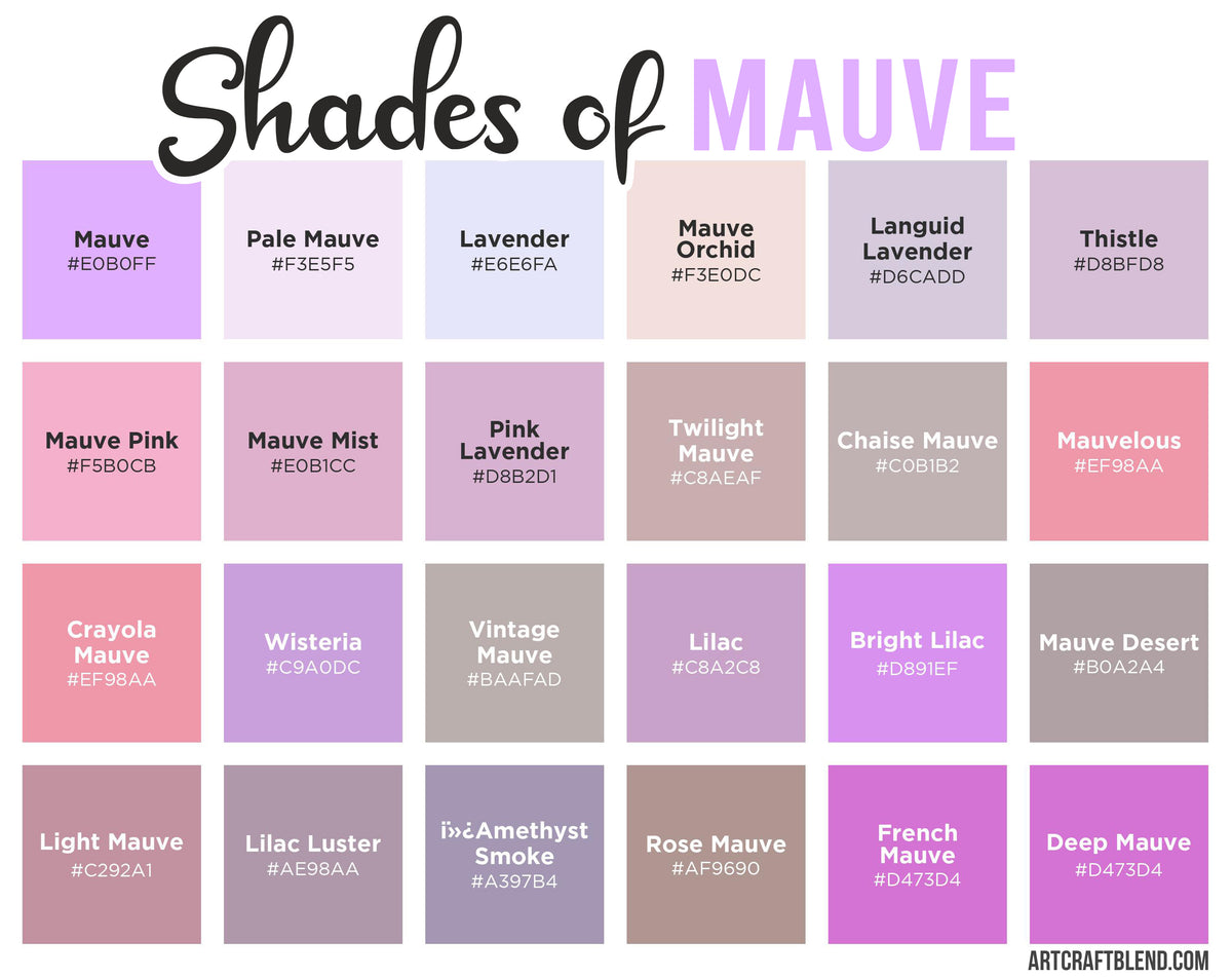 Mudae Colorll 40 Shades of Mauve: Color Names, Hex, RGB, CMYK Codes